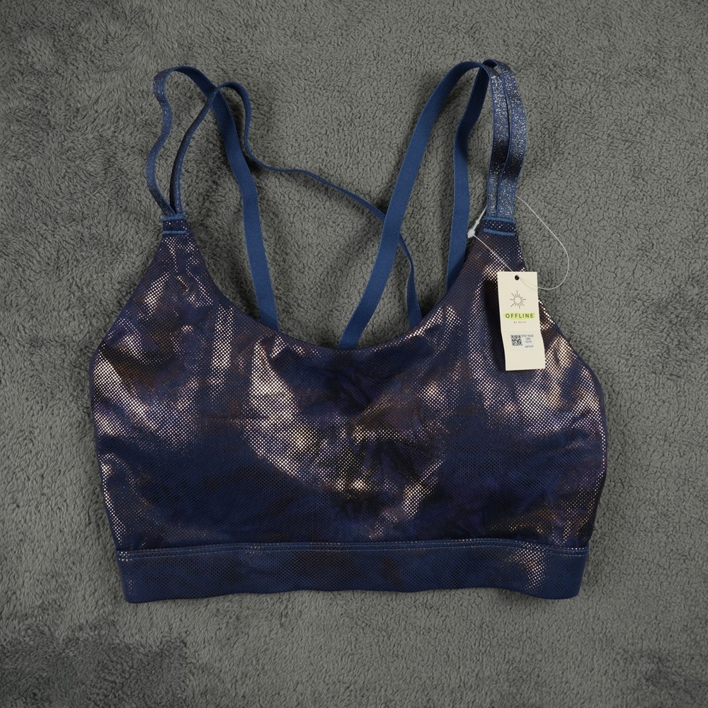 OFFLINE by Aerie Goals Sports Bra Navy Rose Gold‎ Metallic Foil XS NEW